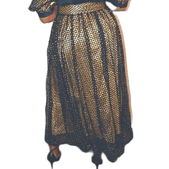 Raquel Black Net Overlay Gold Liner Crystals Tie Belt Maxi Skirt - size 1XL NWT - Picture 4 of 14